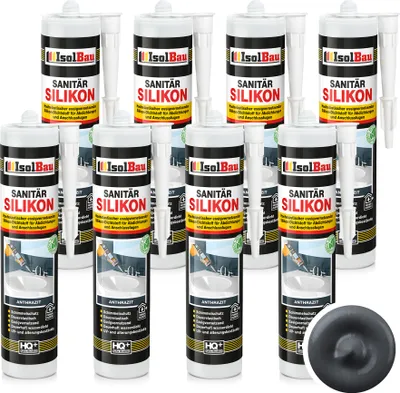 Produktbild von Isolbau Sanitär Silikon 8 x 300 ml Anthrazit - Hochelastischer Silikon-Dichtstoff für Abdichtungen & Fugen – Schimmelresistent, wasserdicht -  Kartusche