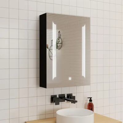 Produktbild von LED Spiegelschrank 60x70 cm mit Beschlagfrei Drei Lichtfarbe Dimmbar Rasier-Steckdose IP44 - Hochglanz Schwarz