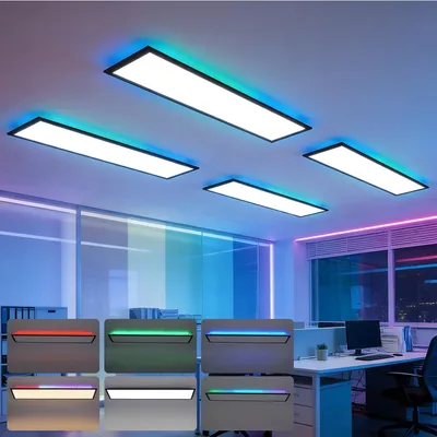Zdjęcie produktu dla Panel LED ZMH 120x30, zestaw 4 sztuk, możliwość regulacji jasności, zmiana kolorów RGB, panel sufitowy z pilotem, 36W, kolor czarny, duża lampa sufitowa, idealna do biura, pokoju zabaw, salonu i biura