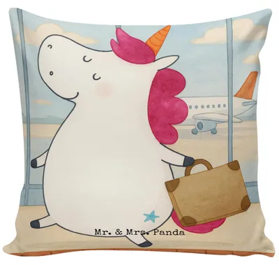 Produktbild von Mr. & Mrs. Panda Dekokissen Einhorn Koffer Design - Weiß - Geschenk, Einhörner, Reise, Lustig, Zierkissen, Polster, Abenteuer, Deko Kissen, Spaß, für sofa, Unicorn