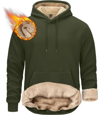 Productafbeelding van Herenhoodie, sherpa-voering, kangoeroezak, winter, winddicht, fleece, mouwen, olijgroen