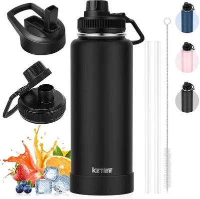 Obrázek produktu pro Termoska 40 oz, nerezová ocel, 1 l, láhev na sportovní nápoje, bez BPA, nepropustná, se slámkou, 2 víčka, černá