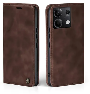 A product shot of a brown flip case for a smartphone, shown from two angles.