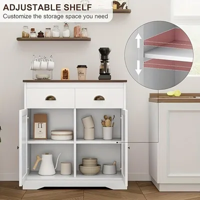 Image de Armoire blanche à 2 portes et 2 tiroirs, de style rustique, idéale pour la cuisine ou le salon