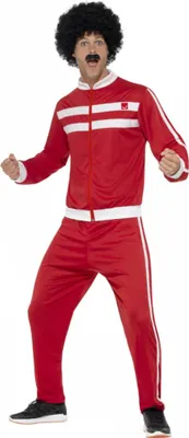 A man wearing an 80s-style tracksuit and afro wig.