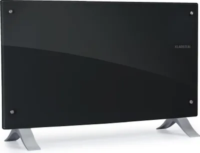 A black glass electric heater with silver legs is shown against a white background.