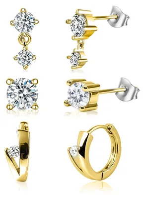Produktbild von Solidchoice – 3 Paar goldene Ohrstecker mit Anhänger für Damen