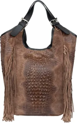 Produktbild von Vezze Nativo Croco Damentasche – Shopper aus Wildleder, A4-Format, Fransen, Schultertasche mit Henkeln Beige