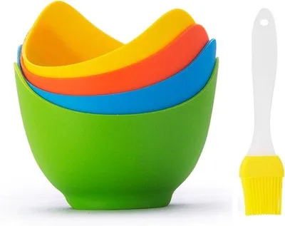 Obrázek produktu pro Silikonové formy na vaření vajec, balení po 4 kusech – bez BPA – včetně čisticí kartáčky – vhodné do horkovzdušné fritézy i do trouby