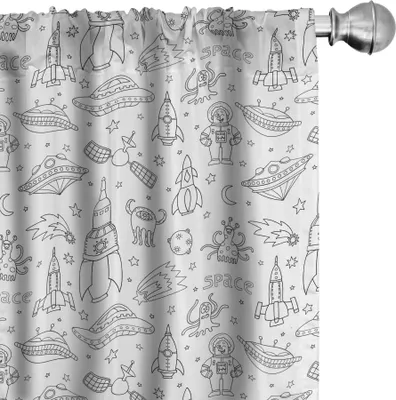 Produktbild von ABAKUHAUS Außerirdischer Vorhänge, Gardinen, Raum mit Astronaut Rockets Extraterrestrischem Wesen-einfarbigem Karikatur-Art-Bild, 2 Stück 75 x 225 cm, Weiß Schwarz