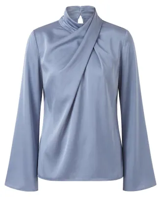 Produktbild von Damen Bluse blau XL mit Stehkragen, langen ausgestellten Ärmeln und Wickeldesign