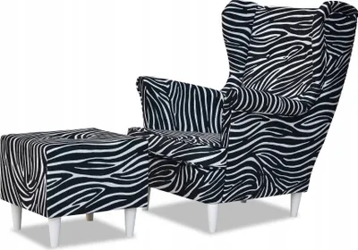 Produktbild von Family Meble Ohrensessel mit Hocker Print Relaxsessel Skandinavisch Bequemer Sessel Loungesessel Fernsehsessel Wohnzimmer Schlafzimmer Büro (ZEBRA)