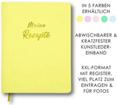 Zdjęcie produktu dla Rezeptbuch zitronengelb Hardcover A4 mit Goldfolienprägung, abwaschbar, flachliegend, Register, Lesebändchen, dickes Papier, über 40 Rezepte