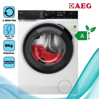 A product image collage showcasing a white AEG washing machine with various icons and text overlays highlighting its features and energy efficiency.