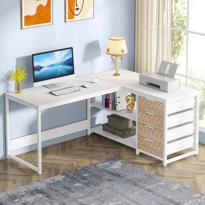 A white L-shaped desk with a computer, printer, lamp, and decorative items, set against a light blue wall and a wooden floor.