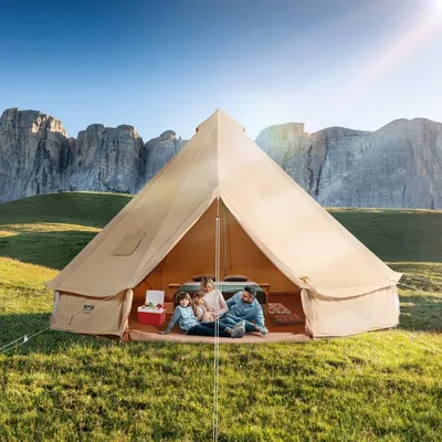 Image de Tente cloche en toile, 4 saisons, 5 m/16,4 pieds, tente yourte, tente en toile pour le camping avec raccord pour poêle, tente respirante pouvant accueillir jusqu'à 8 personnes, camping familial, chasse en plein air