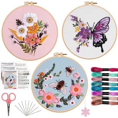 Produktbild von 3-teiliges Stickset für Anfänger mit AnimalB-Muster, Stickzubehör und Reifen, 7,8 Zoll