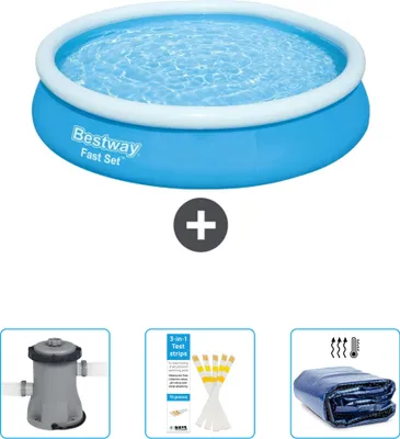 Produktbild von Bestway runder aufblasbarer Fast-Set-Pool – 366 x 76 cm – Blau – im Lieferumfang enthalten Pumpe - Teststreifen - Sonnensegel