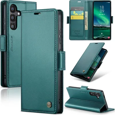 Immagine prodotto di Custodia per Samsung Galaxy S24 FE, carta di blocco RFID, custodia in pelle avanzata con funzione di supporto verde