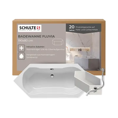 Produktbild von Schulte Badewanne Modell Fluvia, Weiß Sanitäracryl, 190x80 cm, Höhe 58 cm, inkl. Wannenträger und Ablauf
