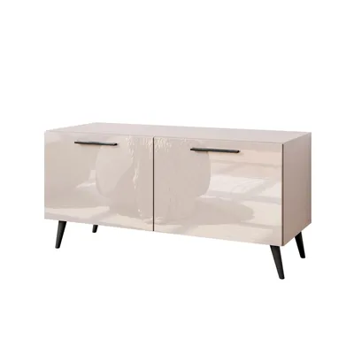 Produktbild von TV-Schrank AURA 100 KASCHMIR Hochglanz auf schrägen schwarzen Beinen mit LED-Beleuchtung