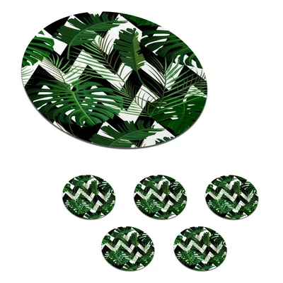Obrázok produktu pre MuchoWow® Okrúhly sklenený podšálok, sada 6 ks Monstera - Čierna a biela - Vzory 10x10x0.3cm Podložky pod poháre - podložky pod nápoje - ochrana
