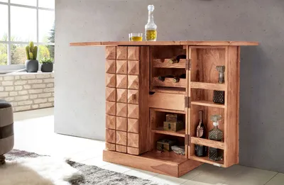Produktbild von WOHNLING Hausbar Akazie Massivholz 65x91x50 cm Weinbar ausklappbar Kleine Bar modern Barschrank mit Türen Spirituosenschrank mit Aufbewahrung