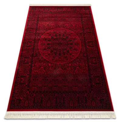 Image de Tapis ORIENT 6039 bordeaux / noir Cadre, rosette oriental, à franges rouge 250x350 cm