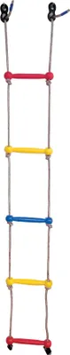 A colorful rope ladder with red, yellow, and blue rungs, suspended vertically against a white background.
