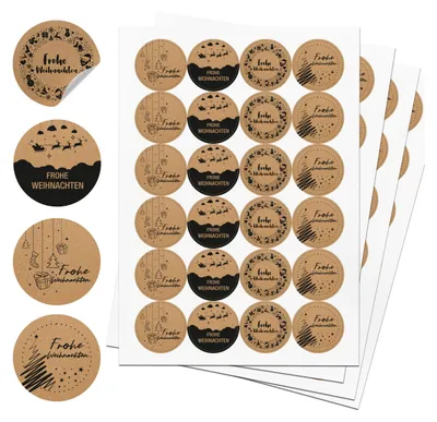 Produktbild von Aufkleber Weihnachten 96 Stück - Weihnachtsaufkleber für Geschenke in 4 Variationen - Sticker Set "Frohe Weihnachten" - Echtes Papier "Kraftpapier" 4 cm Etiketten rund