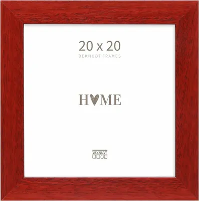 A red wooden picture frame with text and a logo inside.