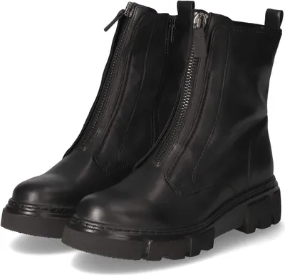 A pair of black leather ankle boots with zippers on a white background.