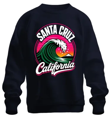 Imagen del producto de Sudadera con cuello redondo, estilo retro, con motivos de olas de Santa Cruz, California, y un diseño de atardecer vintage, ideal para surfistas. Color azul marino, talla L