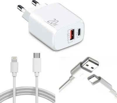 Produktbild von Schnellladegerät USB-C + USB-A Dual Netzteil Universal mit Kabel – 1x USB Typ-C 1x Typ-C Lightning 1 Meter
