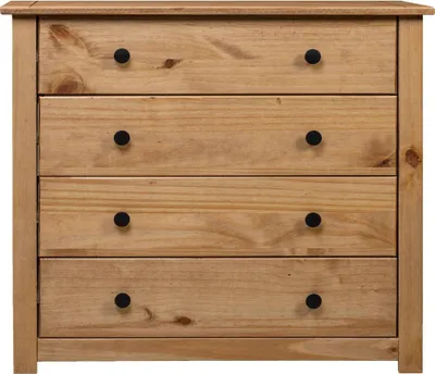 A front view of a wooden chest of drawers with four drawers, each with a black knob.