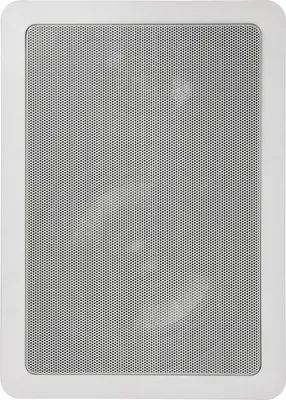 A white in-wall speaker with a gray perforated grille.