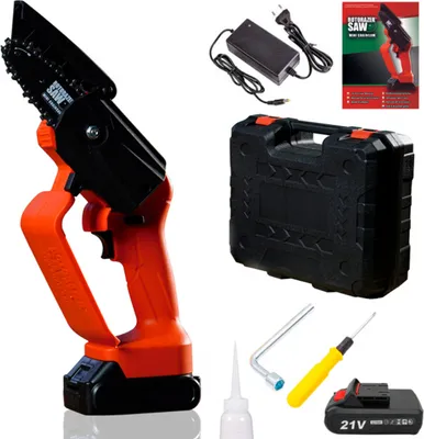 A collection of items for a mini chainsaw kit, including the chainsaw, charger, case, and accessories, laid out on a white background.