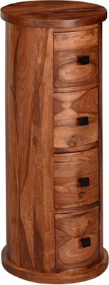 Produktbild von Design Sideboard Sheesham Massivholz 35x85x35 cm, Schränkchen mit 4 Schubladen, Schmaler Beistellschrank Massiv, Mini Kommode Rund