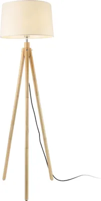 A floor lamp with a white shade and a wooden tripod base.