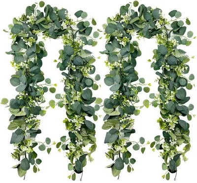 Produktbild von OSQI 4 Stück Eukalyptus-Girlande, grün, künstliche Girlande, 1,8 m, hängende grüne Blätter, Dekoration mit weißen Blüten, silberner Dollar-Eukalyptus, Ranke als Hintergrund für Hochzeitsblumengirlanden, Hochzeitsdekoration