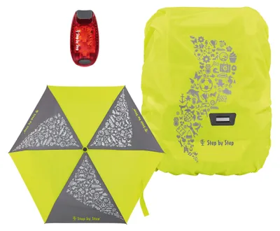 Produktbild von Step by Step Regen- und Sicherheits-Set 3-teilig, Regenschutz, Regenschirm und Klemmleucht