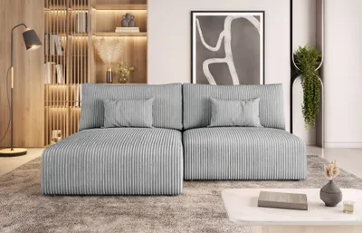 Produktbild von Easy4You Hellgrau Ecksofa Senf Kord in L-Form 210x69x152 cm mit Schlaffunktion und Bettzeugbehälter - Schlafsofa mit Bettkasten - Eckcouch mit Stauraum - Stoff: POSO 55