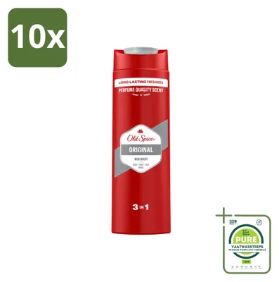 Imagen del producto de 10 unidades de gel de ducha 3 en 1 Old Spice Original, 400 ml cada uno. Pack grande