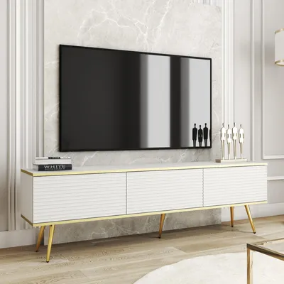 Productafbeelding van TV-meubel FORNO, wit, met geribbelde voorkant, Glamour Art Deco stijl, 175 cm, met gouden poten