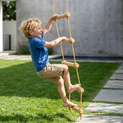 Produktbild von Strickleiter Kinder 5-stufig, Kletterleiter Outdoor, PE-Seil Massivholz Naturholz | 40 x 180 cm | bis 70 kg | 3–8 Jahre
