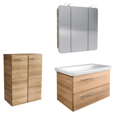 Produktbild von Fackelmann Badmöbel Set 4-teilig  80 cm breit, Ast-Eiche, Waschbeckenunterschrank, Keramik-Waschbecken, Spiegelschrank und Hochschrank