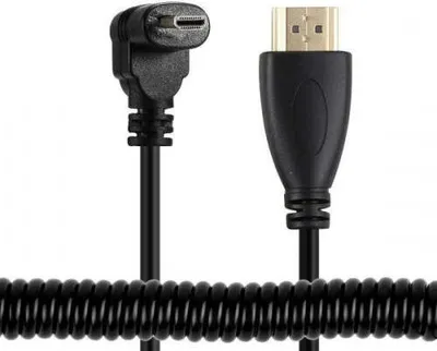 Produktbild von System-S Micro HDMI Stecker Aufwärts gewinkelt zu HDMI Standard Stecker Spiralkabel 50-80 cm