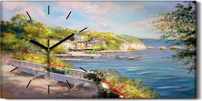 Produktbild von Leinwand Uhr Küche Wohnzimmer Bild 60x30 Landschaft Boote Küste Meeresufer - schwarze Hände
