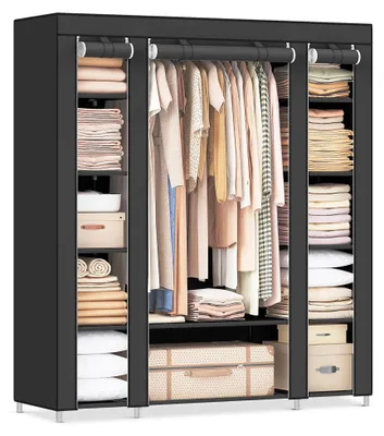 Produktbild von SONGMICS Kleiderschrank, Stoffschrank, mit Kleiderstange und Ablagen, Soffüberzug, für Schlafzimmer, Ankleidezimmer, 150 x 45 x 175 cm, schwarz LSF03H