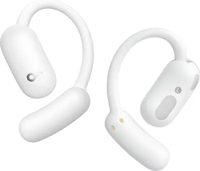 A pair of white wireless earbuds with ear hooks, shown against a white background.